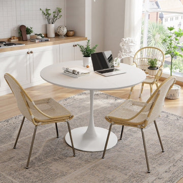 Mesa Comedor Redonda Moderna 120cm | Madera Blanca Patchwork, Metal Base
