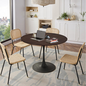 Mesa de Comedor Redonda Moderna 120cm | Roble Macizo Patchwork, Metal Base