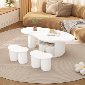 Conjunto Mesa Centro Nube + 2 Taburetes | Diseño Irregular, con Cajones
