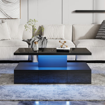 Mesa de Centro Negra con Luz LED 16 Colores | Cajón y Estante Abierto