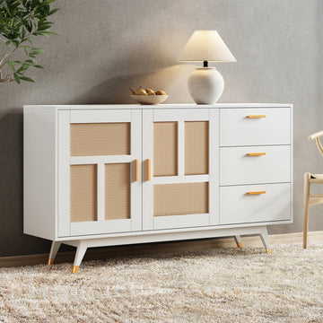 Armario Ratán Blanco Moderno | 2 Puertas, 3 Cajones, Decoración Dorada