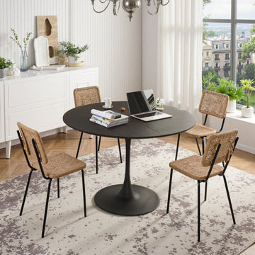 Mesa Comedor Redonda Moderna 120cm | Madera Negra Patchwork, Metal Base