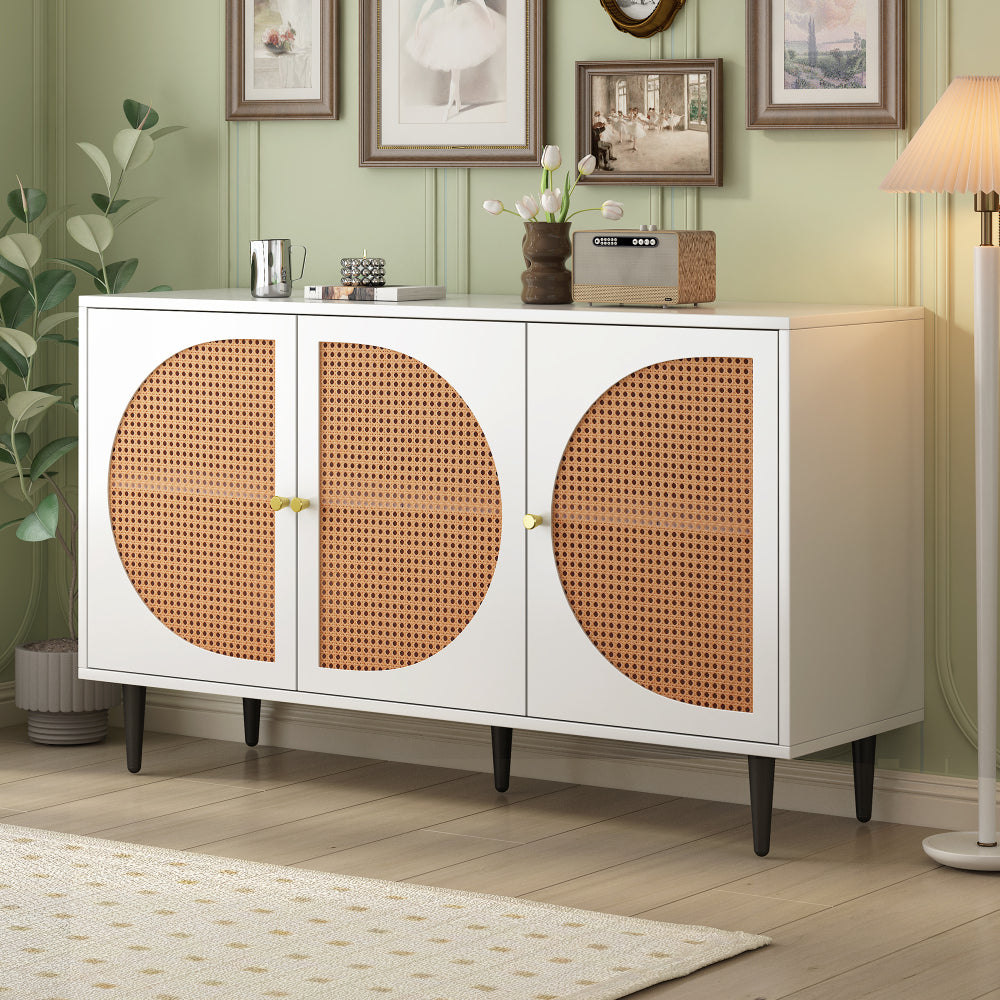Aparador Blanco con Puertas Ratán | 3 Puertas, Tiradores Metálicos 