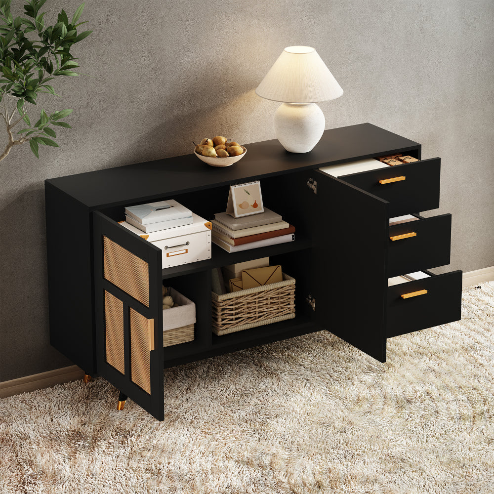Armario Ratán Negro Moderno | 2 Puertas, 3 Cajones, Decoración Dorada 