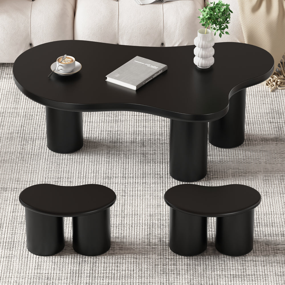 Conjunto Mesa Centro Moderna Negro | Banco Irregular + 2 Taburetes Pequeños 