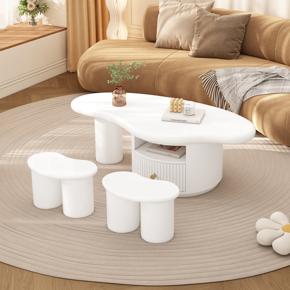 Conjunto Mesa Centro Nube + 2 Taburetes | Diseño Irregular, con Cajones 