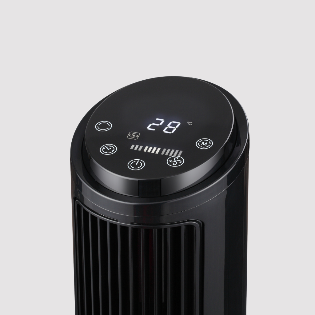 Ventilador de torre oscilante Vidacharmy de 40 pulgadas con control remoto, mostrando sus rejillas y panel de control.