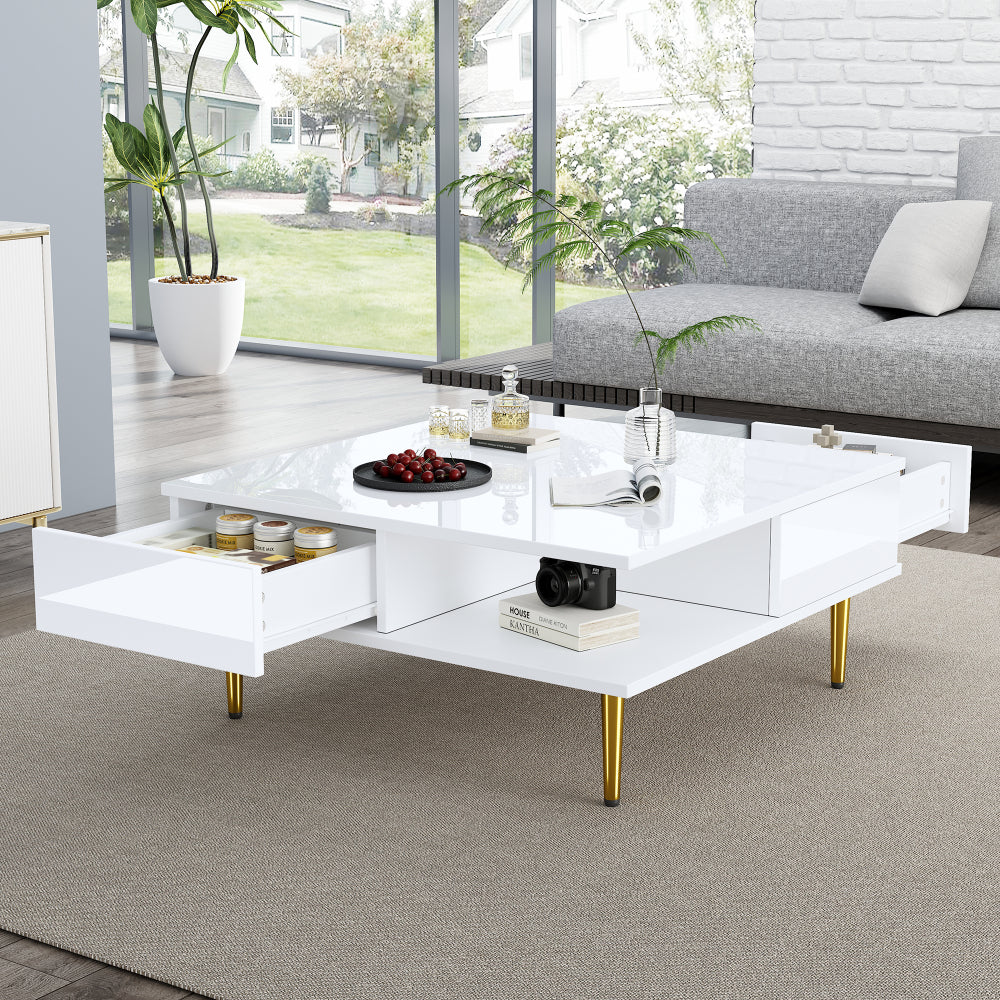 Mesa de Centro Cuadrada Blanca Brillante 70x70cm | 2 Cajones, Patas Doradas 