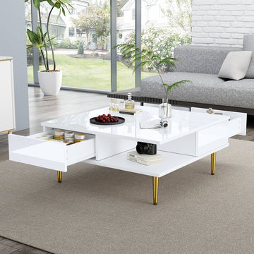 Mesa de Centro Cuadrada Blanca Brillante 70x70cm | 2 Cajones, Patas Doradas 