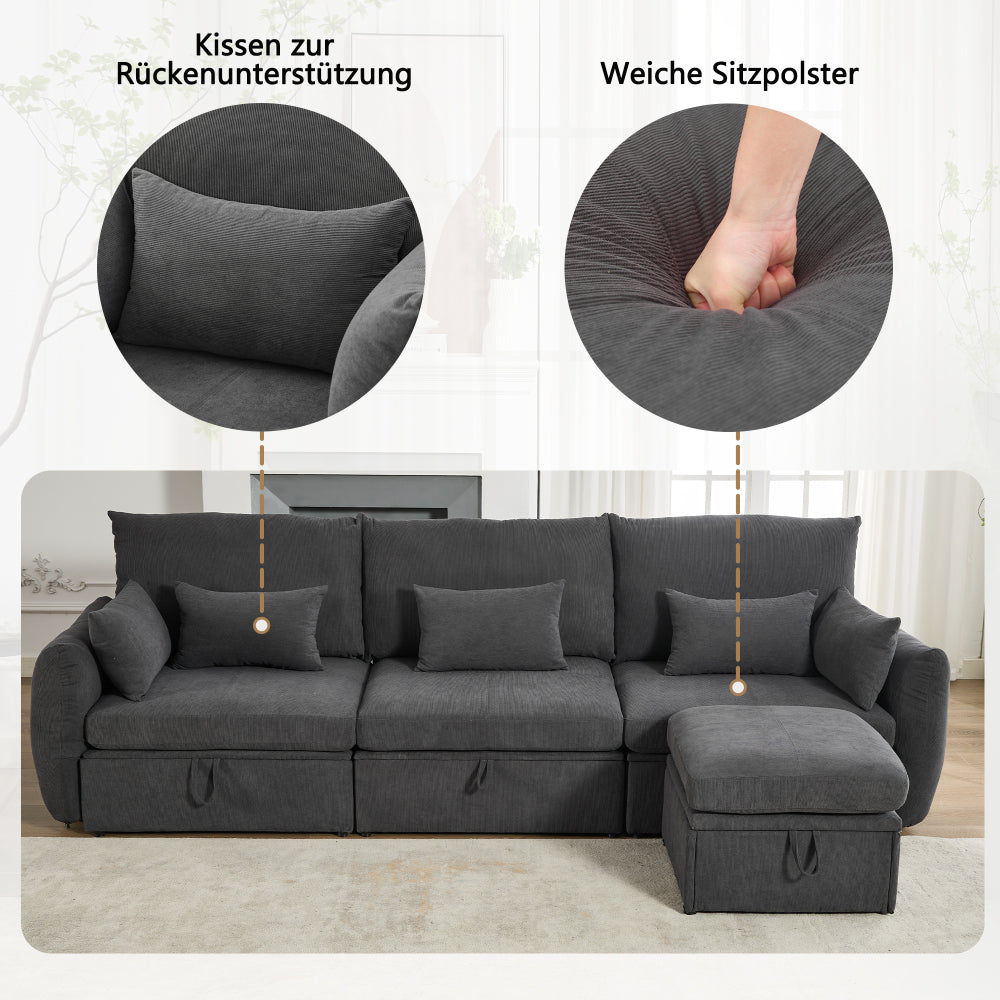 Sektionssofa Grau mit Stauraum (3-Sitzer) | Fußhocker &amp; Kissen