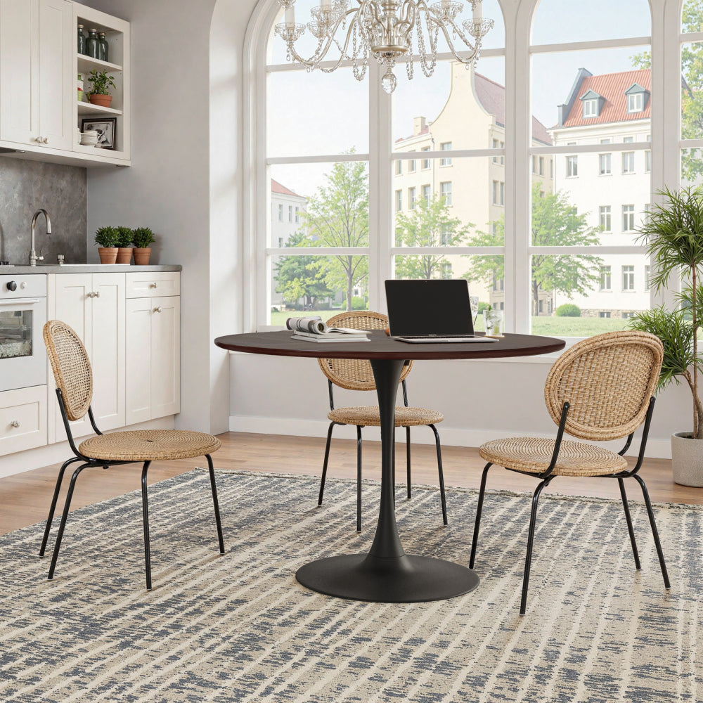 Mesa de Comedor Redonda Moderna 120cm | Roble Macizo Patchwork, Metal Base