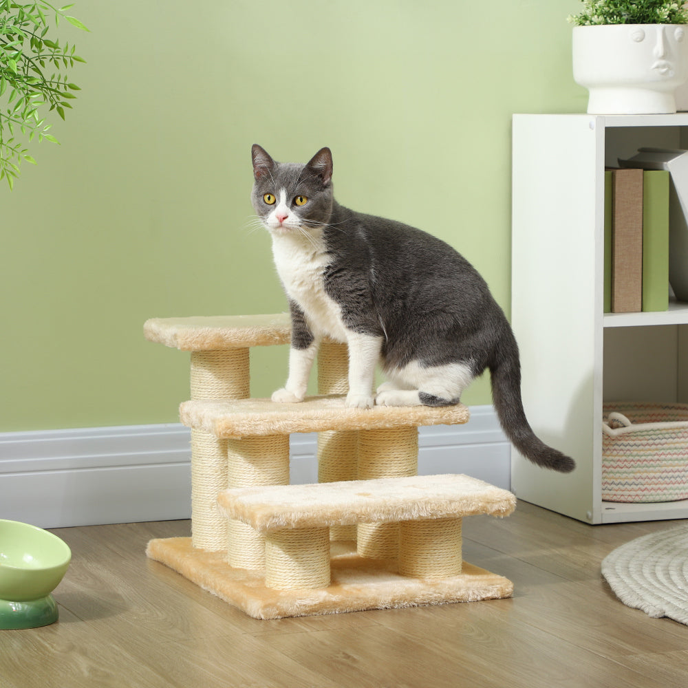 Escaleras PawHut para Mascotas Mayores | Felpa Crema (Peldaño 11cm) 
