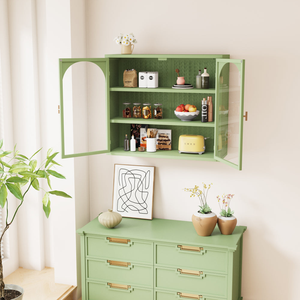 Armario de Pared Moderno Verde 70cm | Puertas de Vidrio y Patrón Tejido 