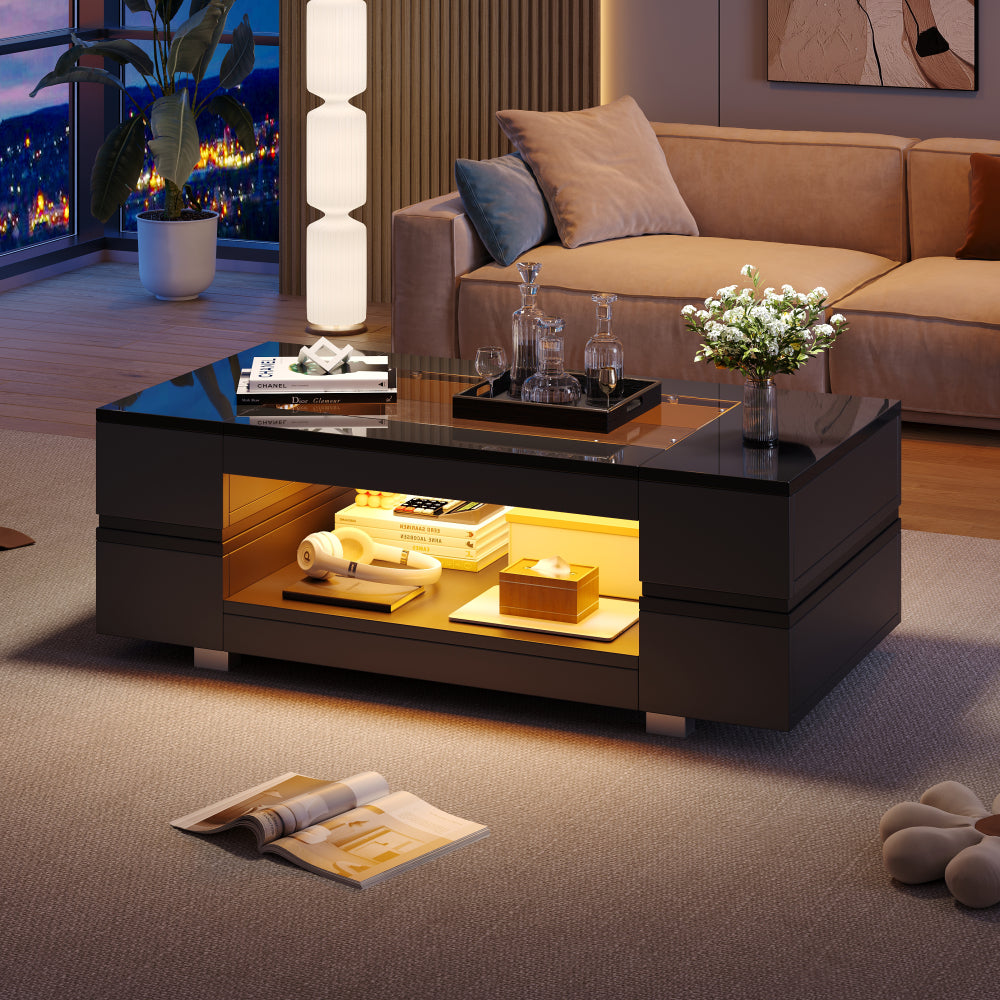 Mesa de Centro Negra LED | Aplicación Bluetooth, 16 Colores | doble capa 