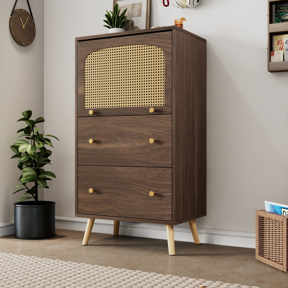 Mueble Compacto Nogal y Ratán | 2 Cajones, Puerta Corredera, Patas Doradas 
