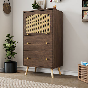 Mueble Compacto Nogal y Ratán | 2 Cajones, Puerta Corredera, Patas Doradas 