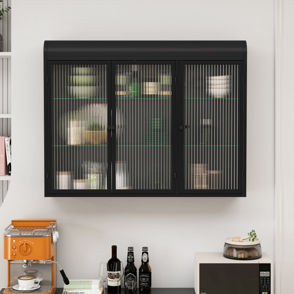Vitrina Arqueada Negra de 3 Puertas | Mueble de Vidrio para Cocina y Sala 
