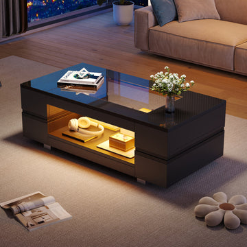 Mesa de Centro Negra LED | Aplicación Bluetooth, 16 Colores | doble capa 