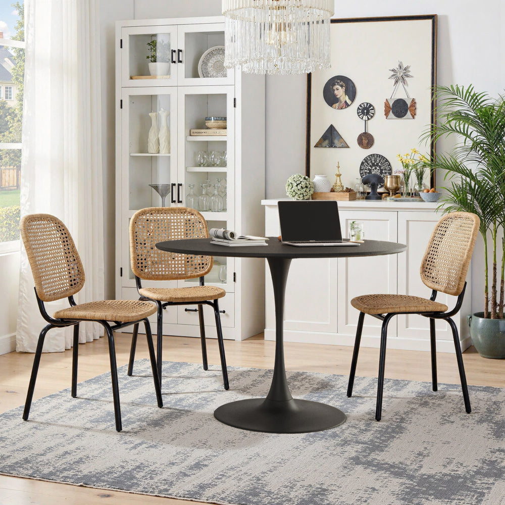 Mesa Comedor Redonda Moderna 120cm | Madera Negra Patchwork, Metal Base 