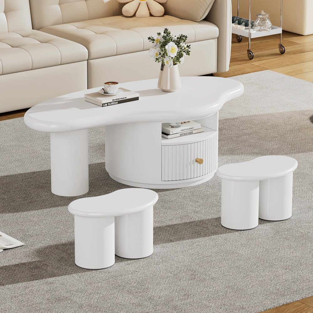 Conjunto Mesa Centro Nube + 2 Taburetes | Diseño Irregular, con Cajones 