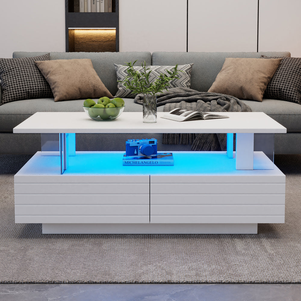 Mesa de Centro Blanca LED con Bluetooth | Doble Nivel, Almacenamiento 