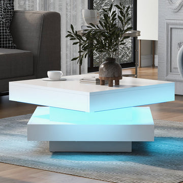 Mesa de Centro Moderna Blanca Cuadrada LED | Mesa Giratoria 