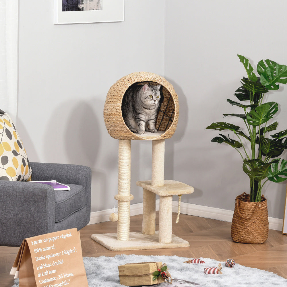 Árbol para Gatos PawHut 100cm | Cueva, Nido y Sisal Beige 