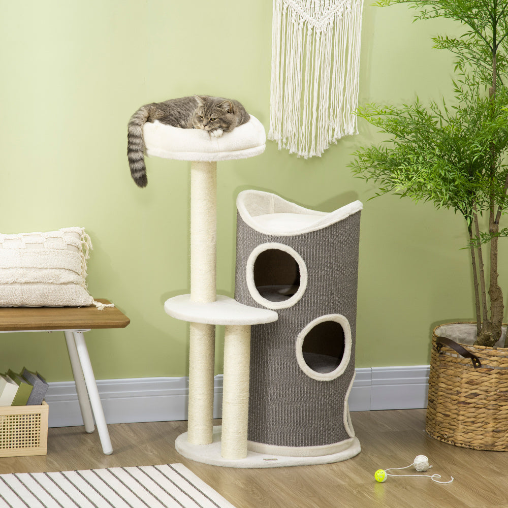 Árbol para Gatos PawHut 109cm | Rascador y Cama Moderno Blanco y Gris 