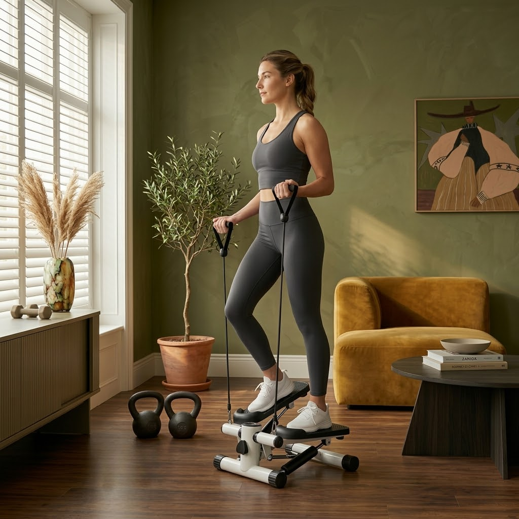 Mini stepper portátil de Vidacharmy con bandas de resistencia para ejercicio en casa y tonificación muscular.