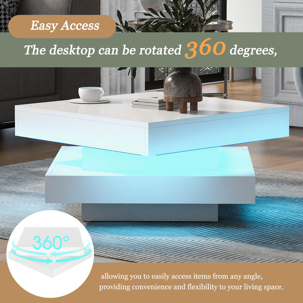 Mesa de Centro Moderna Blanca Cuadrada LED | Mesa Giratoria 