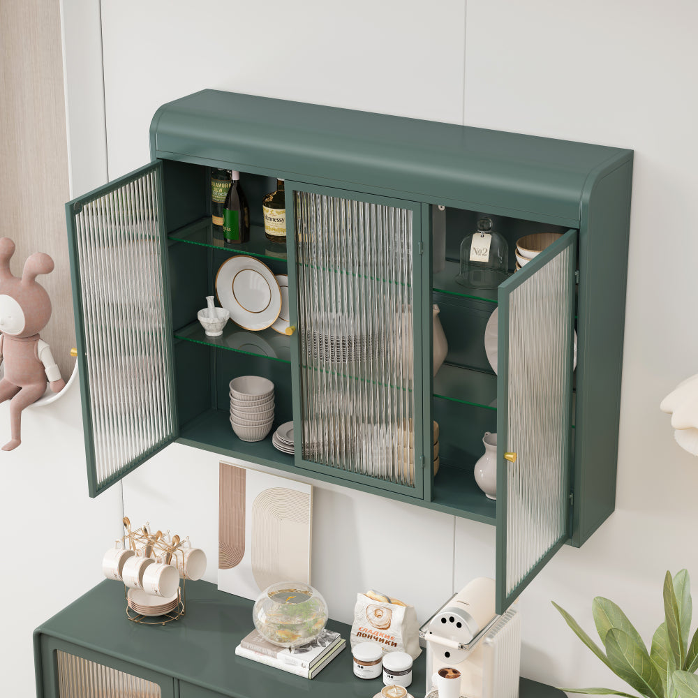 Vitrinas de vidrio arqueadas de 3 puertas para cocina, sala y baño (verde oscuro) 