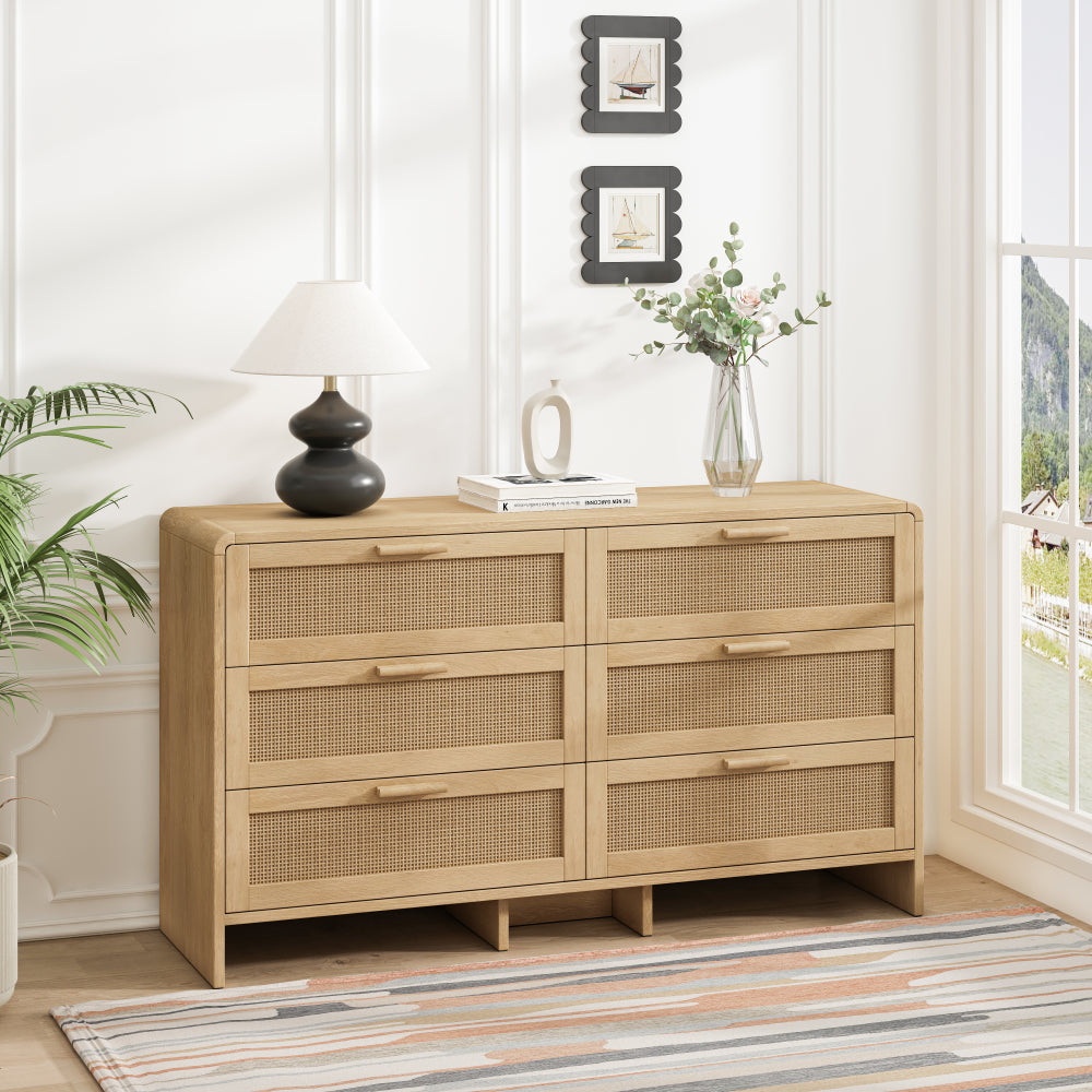 Armario de Esquina de Ratán Natural 130cm | 6 Cajones con Forma de Arco 