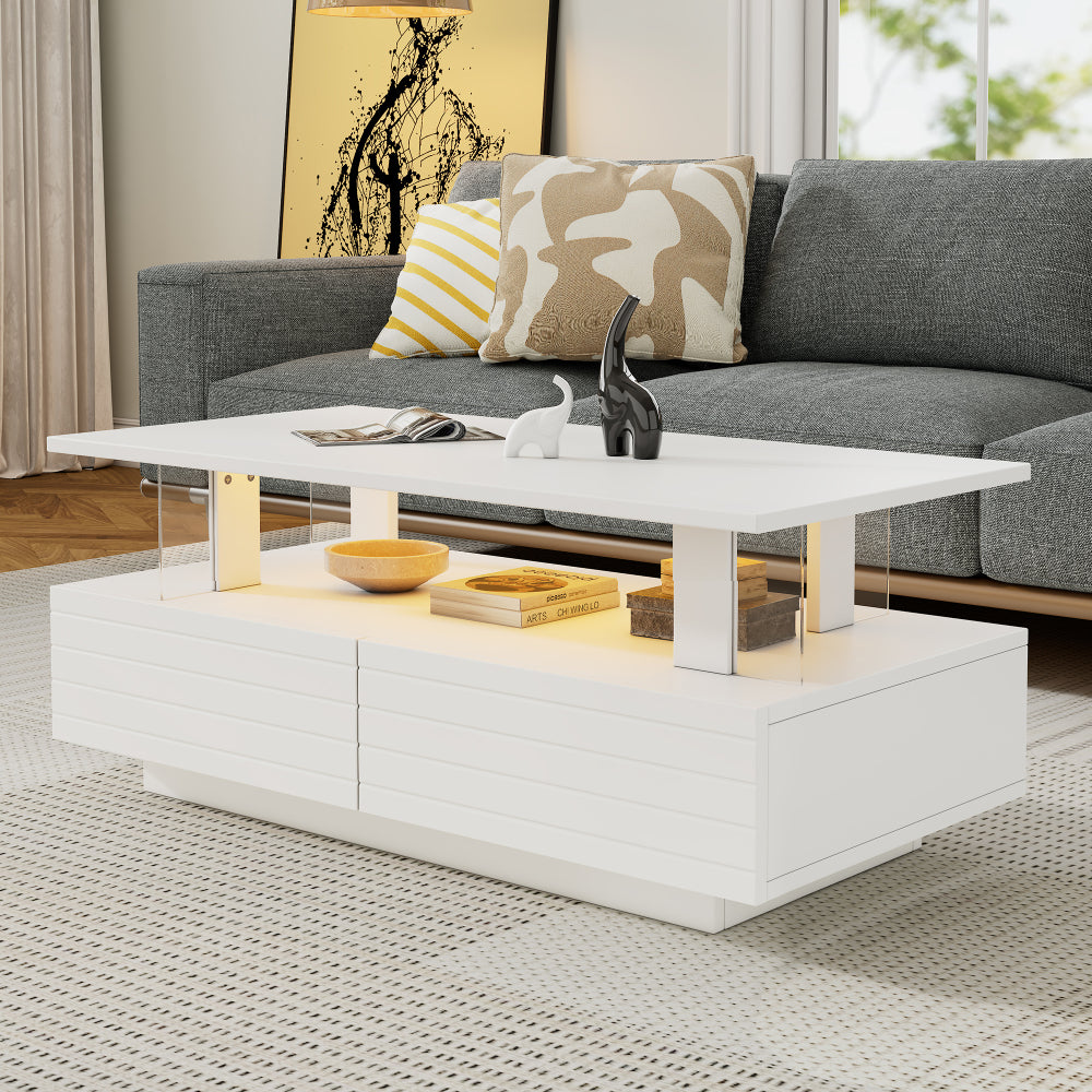Mesa de Centro Blanca LED con Bluetooth | Doble Nivel, Almacenamiento 