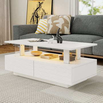 Mesa de Centro Blanca LED con Bluetooth | Doble Nivel, Almacenamiento 