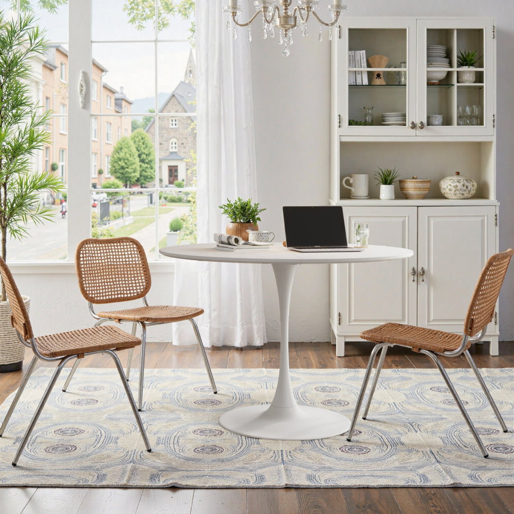 Mesa Comedor Redonda Moderna 120cm | Madera Blanca Patchwork, Metal Base 