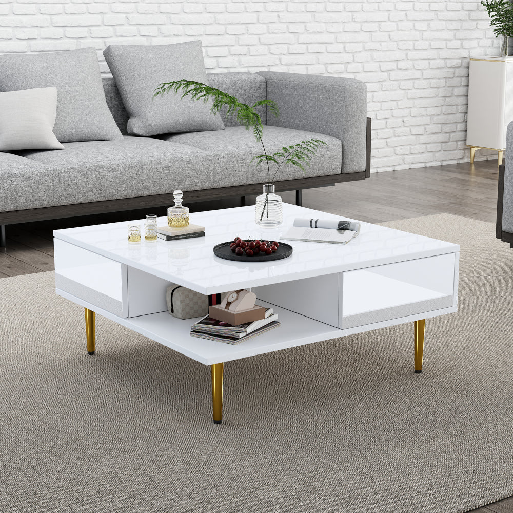 Mesa de Centro Cuadrada Blanca Brillante 70x70cm | 2 Cajones, Patas Doradas 