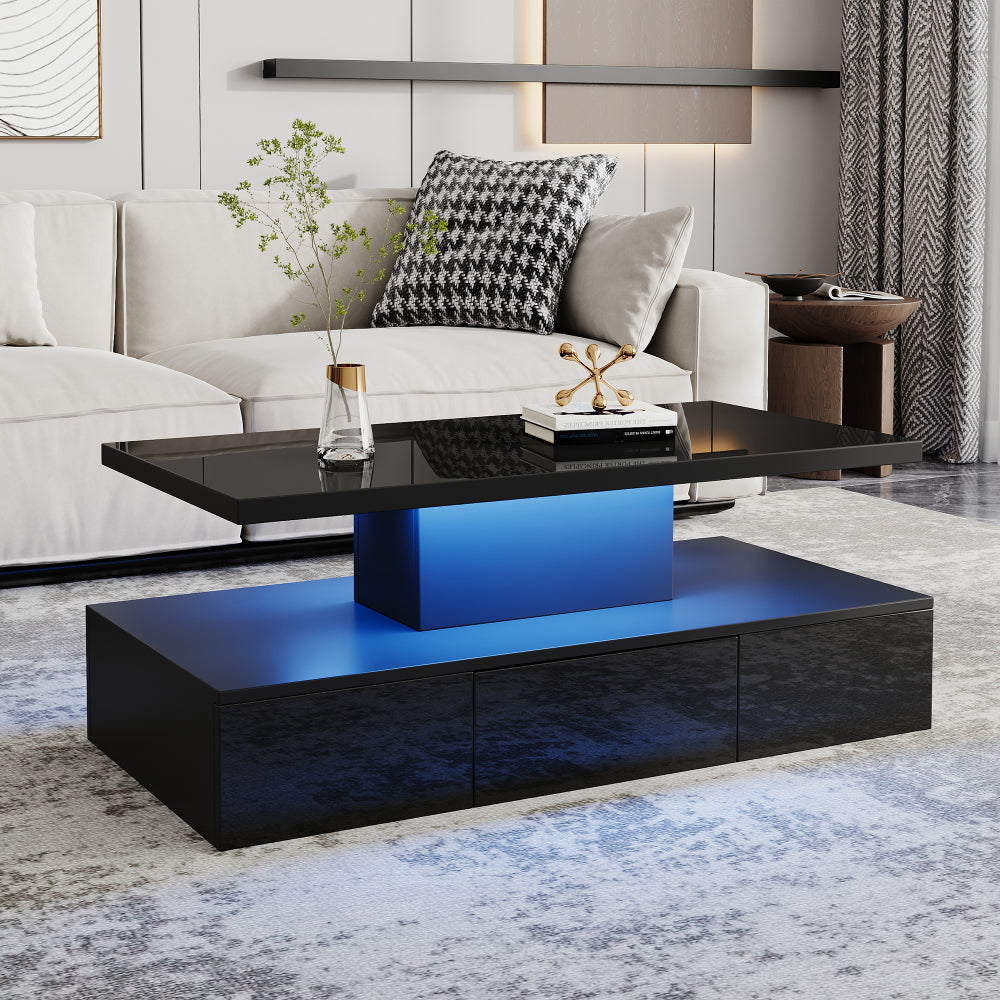 Mesa de Centro Negra con Luz LED 16 Colores | Cajón y Estante Abierto 